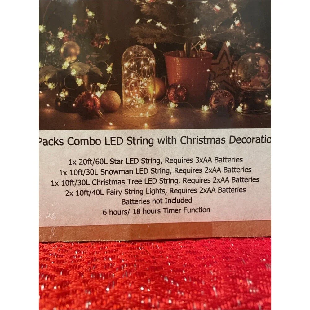 5 Pack Combo Led String With Christmas Decorations. Battery Operated, Timer